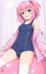 Rule 34 | 1girl, aqua eyes, arms at sides, balloon, bare shoulders, blue one-piece swimsuit, breasts, collarbone, cowboy shot, hair between eyes, hair ornament, highres, jacket, jacket partially removed, legs apart, light blush, long sleeves, looking at viewer, medium hair, one-piece swimsuit, one side up, open clothes, open jacket, open mouth, original, pink hair, pink jacket, sasaame, school swimsuit, sitting, small breasts, solo, star (symbol), star hair ornament, swimsuit, thighhighs, white thighhighs