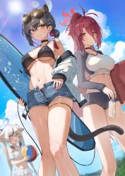 3girls alternate_costume bikini black_bikini black_hair blue_archive bottle breasts highres holding holding_bottle kaguya_(blue_archive) kokukyukeo konoka_(blue_archive) large_breasts multiple_girls navel red_hair reijo_(blue_archive) swimsuit yellow_eyes