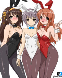 3girls absurdres animal_ear_hairband animal_ears asahina_mikuru asymmetrical_docking bare_shoulders black_bow black_bowtie black_leotard black_pantyhose blue_bow blue_bowtie bow bowtie breast_press breasts brown_hair brown_pantyhose cleavage expressionless fake_animal_ears grey_hair hairband highres large_breasts leotard long_hair looking_at_viewer medium_breasts multiple_girls nagato_yuki pantyhose playboy_bunny rabbit_ear_hairband rabbit_ears red_bow red_bowtie red_leotard short_hair shy simple_background small_breasts suzumiya_haruhi suzumiya_haruhi_no_yuuutsu t-works v v-shaped_eyebrows very_long_hair white_background white_leotard wrist_cuffs yellow_hairband