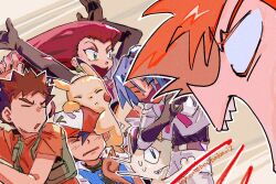 2girls 4boys arms_up ash_ketchum baseball_cap black_gloves blue_eyes blue_hair brock_(pokemon) brown_hair closed_eyes earrings elbow_gloves gen_1_pokemon gloves green_eyes hat holding jacket james_(pokemon) jessie_(pokemon) jewelry long_hair meowth misty_(pokemon) multiple_boys multiple_girls nintendo on_head open_mouth orange_hair pikachu pokemon pokemon_(anime) pokemon_(classic_anime) pokemon_(creature) pokemon_on_head red_hair shirt short_sleeves shorts skirt smile sweatdrop team_rocket team_rocket_uniform umebosibakari2