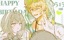 1boy 1girl 1other animal_ears arknights bird_girl birthday_cake black_dress black_eyes black_hood black_jacket blue_eyes blue_vest blush blush_stickers cake candle doctor_(arknights) dog_boy dog_ears dr_janglong dress ear_piercing earrings english_text eyewear_on_head fang feather_hair fire food food_on_face fur-trimmed_jacket fur_trim gift gloves green-tinted_eyewear hair_between_eyes hair_intakes hair_ornament hairclip hand_up happy_birthday headband heart holding holding_gift hood hood_up hooded_jacket jacket jewelry la_pluma_(arknights) messy_hair multiple_necklaces necklace one_eye_closed open_mouth piercing ribbon see-through_clothes smile sunglasses teeth tequila_(arknights) thick_eyebrows tinted_eyewear turtleneck turtleneck_dress vest white_background white_gloves white_headband white_ribbon