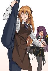 Rule 34 | 2girls, artist request, flexible, girls&#039; frontline, highres, makiatto (girls&#039; frontline 2), multiple girls, springfield (girls&#039; frontline), springfield (girls&#039; frontline 2), standing, standing on one leg, tagme, wa2000 (girls&#039; frontline)