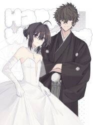 1boy 1other ahoge androgynous black_hair blue_eyes braid bridal_veil bun_with_braided_base choker crossed_arms dress earrings elbow_gloves fate/grand_order fate/samurai_remnant fate_(series) gloves hair_intakes hair_over_one_eye haori highres hoshizukiyo_(enneanuage) japanese_clothes jewelry kimono miyamoto_iori_(fate) orange_eyes other_with_male short_hair sidelocks skirt_hold smile veil wedding wedding_dress yamato_takeru_(fate)