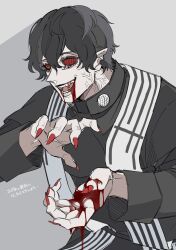 Rule 34 | 1boy, arthropod boy, asymmetrical eyes, beelzebub (shuumatsu no valkyrie), black robe, black sclera, blood, blood drip, blood in mouth, blood on face, blood on hands, blood on teeth, bug eye, colored sclera, fangs, fingernails, from side, grey scarf, hair between eyes, hands up, high collar, highres, long sleeves, male focus, notched ear, open mouth, red eyes, red nails, robe, scarf, sharp fingernails, sharp teeth, shuumatsu no valkyrie, smile, teeth, translation request, veiny face, veiny neck