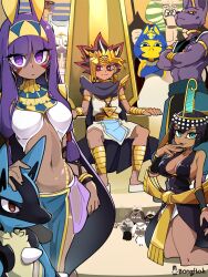 6+boys 6+girls absurdres anakaris ancient_egyptian ancient_egyptian_clothes animal_crossing ankha_(animal_crossing) atem beerus black_dress black_hair blonde_hair blue_eyes bongfill breasts character_request cleavage copyright_request creatures_(company) crossed_arms crossover dark-skinned_female dark-skinned_male dark_skin darkstalkers dragon_ball dragon_ball_super dragon_ball_z_kami_to_kami dress egyptian_trend_(meme) eliza_(skullgirls) fate/grand_order fate_(series) game_freak gen_4_pokemon group_picture hannyabal highres hololive kneeling large_breasts long_hair lucario medium_breasts medium_hair meme millennium_puzzle missing_commentary multicolored_hair multiple_boys multiple_girls navel nintendo nitocris_(fate) pokemon pokemon_(creature) purple_eyes purple_hair shirakami_fubuki sitting skullgirls throne trait_connection virtual_youtuber yu-gi-oh!
