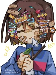 Rule 34 | 1other, bandages, blue sweater, brown hair, dande lion2604, double horizontal stripe, english text, frisk (undertale), highres, holding, holding stick, other focus, short hair, solo, stick, sweater, twitter username, undertale, upper body