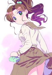 1girl ass bishoujo_senshi_sailor_moon bright_pupils brown_hair brown_sailor_collar brown_skirt closed_mouth earrings flower_earrings green_eyes hair_bobbles hair_ornament highres himehachi_(hime8manga) jewelry kino_makoto long_hair long_sleeves looking_back ponytail sailor_collar school_uniform serafuku shirt skirt smile solo split_mouth white_pupils white_shirt