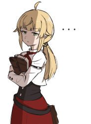 Rule 34 | ..., 1girl, absurdres, ahoge, belt bag, black corset, blonde hair, book, closed mouth, corset, cropped jacket, flat chest, from side, green eyes, highres, holding, holding book, jacket, looking at viewer, mushoku tensei, norn greyrat, ponytail, ranoa magic academy school uniform, red skirt, ronuma, school uniform, scowl, shadow, simple background, skirt, solo, white background, white jacket