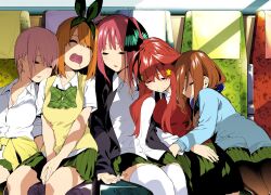 Rule 34 | 5girls, absurdres, ahoge, black jacket, black pantyhose, blue nail polish, blue nails, blue sweater, blush, bow, bowtie, breasts, brown hair, butterfly hair ornament, cleavage, closed eyes, clothes around waist, collarbone, collared shirt, colorized, dot nose, drooling, earrings, female focus, go-toubun no hanayome, green bow, green bowtie, green skirt, hair between eyes, hair bow, hair ornament, hair over one eye, headphones, headphones around neck, highres, indoors, jacket, jewelry, kneehighs, large breasts, legs, long hair, long sleeves, manga page, miniskirt, multicolored nails, multiple girls, nail polish, nakano ichika, nakano itsuki, nakano miku, nakano nino, nakano yotsuba, open mouth, orange hair, pantyhose, pink hair, pink nails, pleated skirt, quintuplets, red hair, red sweater, red sweater vest, red vest, school uniform, shirt, shirt tucked in, shirt under sweater, shirt under vest, short hair, short sleeves, siblings, sisters, sitting, skirt, sleeping, sleeping together, socks, star (symbol), star hair ornament, sweater, sweater around waist, sweater vest, thighhighs, thighs, twintails, two-tone nails, vehicle interior, vest, white shirt, white thighhighs, yellow sweater, yellow sweater vest, yellow vest, zettai ryouiki