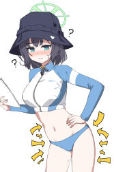 Rule 34 | 1girl, blue archive, breasts, green eyes, green halo, hair between eyes, halo, highres, large breasts, nanju bami, navel, official alternate costume, purple hair, rash guard, saki (blue archive), saki (swimsuit) (blue archive), simple background, swimsuit, thighs, white background