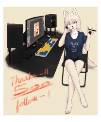 1girl :3 animal_ear_fluff animal_ears animal_hands animal_nose artist_name barefoot bike_shorts blonde_hair blue_shirt blush body_fur border chair clock clothes_writing collarbone computer_keyboard crossed_legs digital_clock drawing_tablet english_text engrish_text fangs female_focus folding_chair fox_ears fox_girl fox_tail full_body furry furry_female hands_up happy highres holding holding_stylus jeifier_(character) jeifier_(korfiorano01) legs light_blush long_hair looking_at_viewer milestone_celebration monitor on_chair open_mouth original pawpads pogchamp_(meme) ranguage shirt short_sleeves sidelocks signature sitting smile solo speaker stylus swept_bangs tail teeth thank_you thighs tongue twitter_username two-tone_fur white_border white_fur yellow_background yellow_eyes yellow_fur