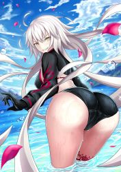 ahoge bent_over bikini cloud fate/grand_order fate_(series) gloves harukey highres jeanne_d&#039;arc_alter_(swimsuit_berserker)_(fate) jeanne_d&#039;arc_(fate) jeanne_d&#039;arc_alter_(fate) jeanne_d&#039;arc_alter_(swimsuit_berserker)_(fate) long_hair mullet ocean swimsuit thick_thighs thighhighs thighs very_long_hair wet wet_clothes wet_swimsuit white_hair yellow_eyes