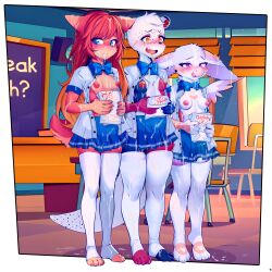 3girls absurdres animal_ears bird_girl blue_bow blue_bowtie blue_eyes blue_skirt border bow bowtie breasts classroom commentary commission cum cum_on_body cum_on_clothes english_commentary facial feathered_wings full_body furry furry_female highres holding holding_paper indoors long_hair miniskirt moneymop multiple_girls nipples open_clothes open_shirt orange_eyes original paper purple_eyes red_hair shirt short_hair short_sleeves skirt small_breasts standing tail thighhighs toeless_legwear transparent_border variant_set white_shirt white_thighhighs wings