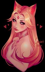 1girl absurdres ahri_(league_of_legends) animal_ears artist_name black_background blonde_hair blush closed_mouth crescentkitten cropped_torso facial_mark forehead_jewel fox_ears fox_girl gradient_hair hand_on_own_chest heart highres league_of_legends long_hair looking_up multicolored_hair nude red_eyes red_hair red_lips simple_background solo thick_lips upper_body whisker_markings