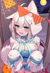 1girl ahoge alternate_breast_size animal_ear_fluff animal_ears bandages blush braid breasts deaver fox_ears fox_girl fox_tail green_eyes hair_between_eyes halloween highres hololive hood hoodie jack-o&#039;-lantern large_breasts long_hair long_sleeves looking_at_viewer mummy naked_bandage navel open_mouth revision sarashi shirakami_fubuki sidelocks single_braid solo tail virtual_youtuber white_hair
