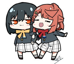 2girls :d absurdres black_hair black_jacket blunt_bangs blush bob_cut brown_shoes bun_with_braided_base buttons chibi chibi_only closed_eyes closed_mouth commentary double-parted_bangs full_body grabbing_another&#039;s_arm grey_socks hair_bun hair_ornament hairclip half_updo highres jacket jitome long_sleeves looking_at_another love_live! love_live!_nijigasaki_high_school_idol_club medium_hair mifune_shioriko miniskirt multiple_girls neck_ribbon nijigasaki_school_uniform oofushi_ao open_mouth orange_eyes orange_hair outstretched_arm plaid_clothes plaid_skirt pleated_skirt red_ribbon ribbon school_uniform shoes simple_background single_hair_intake single_side_bun skirt smile socks split_mouth standing swept_bangs uehara_ayumu v-shaped_eyebrows white_background white_skirt winter_uniform yellow_ribbon