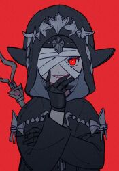1boy bandage_over_one_eye black_gauntlets black_robe cocobuki evil_grin evil_smile final_fantasy final_fantasy_xiv grin hood hood_up lalafell mage_staff male_focus number-only_commentary pointy_ears red_background red_eyes robe simple_background smile solo upper_body weapon weapon_on_back x_ggi