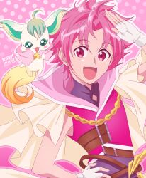 1boy artist_name black_shirt blush cape commentary creature cure_nico cure_top dancing_star_precure fairy fingerless_gloves gloves highres hoshikawa_gaku magical_boy male_focus open_mouth pas_de_deux_(precure) pink_eyes pink_hair pink_vest precure shirt short_hair sleeveless sleeveless_shirt solo upper_body vest white_gloves yellow_cape