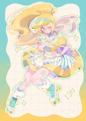 1girl ;d alternate_costume apron back_bow bead_bracelet beads blonde_hair blue_border blue_neckerchief blue_shoes blue_theme border bow bracelet braid breast_pocket buttons collarbone cropped_jacket dot_nose double-breasted double_horizontal_stripe fingernails floating_hair floral_print french_braid frilled_apron frills full_body glitter gradient_border green_border green_theme grid_background grin hair_between_eyes hair_ornament hairclip hand_on_own_chin hand_on_own_face hand_on_own_hip hand_up head_tilt heart_sticker high_ponytail highres jacket jewelry knee_blush knees_together_feet_apart leg_warmers light_blush limited_palette long_hair magia_record:_mahou_shoujo_madoka_magica_gaiden mahou_shoujo_madoka_magica midriff multicolored_border multicolored_jacket multicolored_shoes multicolored_skirt name_tag navel neckerchief one_eye_closed open_mouth outline pocket polka_dot polka_dot_skirt ponytail puffy_short_sleeves puffy_sleeves red_eyes ring roller_skates serizawa_serizane shoelaces shoes short_sleeves sidelocks single_horizontal_stripe skates skirt smile solo sparkle sparkle_background star_(symbol) star_button star_print star_sticker sticker sticker_on_leg striped_clothes striped_jacket striped_skirt swept_bangs teeth tie_clip togame_momoko twitter_username two-sided_fabric two-sided_skirt two-tone_shoes vertical-striped_clothes vertical-striped_jacket vertical-striped_skirt very_long_hair visor_cap waist_apron waitress white_apron white_bow white_leg_warmers white_shoes wing_collar x_hair_ornament yellow_border yellow_jacket yellow_nails yellow_skirt yellow_theme