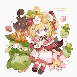1girl blonde_hair blue_eyes bow bowtie cherrim chibi closed_mouth commission creatures_(company) crossed_bangs dress game_freak gen_4_pokemon gen_5_pokemon gen_6_pokemon hair_between_eyes hair_bow head_wreath highres kanae_(cookie) light_smile lilligant nintendo pokemon pokemon_(creature) pumpkaboo red_bow red_dress red_socks sample_watermark short_twintails smoliv socks twintails two-tone_dress watermark white_background white_dress
