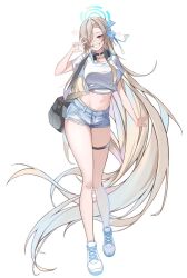 1girl alternate_costume asuna_(blue_archive) blue_archive blue_halo blue_shorts denim denim_shorts full_body hair_over_one_eye halo navel shirt shorts simple_background siwa_(st_ekfrlfkep) solo white_background white_shirt