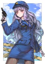 Rule 34 | 1girl, absurdres, blue hat, blue jacket, blue skirt, blush, border, breasts, caution tape, city, closed mouth, commentary, cowboy shot, day, glint, grey hair, gun, hand up, handgun, hat, highres, hold111, holding, holding gun, holding weapon, idolmaster, idolmaster (classic), jacket, long hair, long sleeves, outdoors, outside border, pencil skirt, police, police hat, police uniform, policewoman, purple eyes, revolver, shijou takane, skirt, solo, standing, symbol-only commentary, weapon, white border