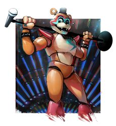1boy absurdres alpineping animal_ear_piercing animatronic artist_name black_bow black_bowtie black_hat blue_eyes bow bowtie bracelet claws commentary english_commentary fangs five_nights_at_freddy&#039;s five_nights_at_freddy&#039;s:_security_breach furry furry_male glamrock_freddy hands_up hat highres holding holding_microphone_stand jewelry looking_at_viewer male_focus microphone microphone_stand mini_hat mini_top_hat one_eye_closed open_mouth smile solo spiked_bracelet spikes standing top_hat twitter_username white_background