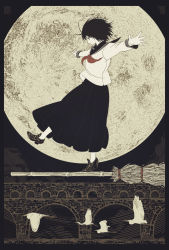 1girl antenna_hair balancing bird black_hair black_shoes broom broom_surfing closed_mouth commentary_request crane_(animal) female_focus flying from_side full_moon highres kondou_totetsu long_skirt long_sleeves monochrome moon neckerchief original outstretched_arms pleated_skirt red_neckerchief school_uniform serafuku shirt shoes short_hair skirt solo spread_arms standing standing_on_one_leg white_shirt