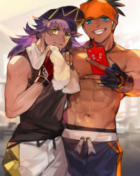Rule 34 | 2boys, abs, aqua eyes, baseball cap, black gloves, black hair, cellphone, dark-skinned male, dark skin, fingerless gloves, gen 4 pokemon, gloves, grin, gym leader, hat, headband, leon (pokemon), male focus, multiple boys, natsuko (summer 525528), nintendo, phone, pokemon, pokemon (creature), pokemon swsh, purple hair, raihan (pokemon), red gloves, rotom, rotom phone, shorts, smartphone, smile, stomach, tank top, toned, toned male, topless male, towel, towel around neck, yellow eyes