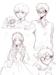 0ocharming 1girl 2boys :d alternate_costume alternate_hairstyle apron blush bow bowl_cut bowtie closed_mouth collared_shirt dress dress_shirt enmaided eyebrow_cut futsuu_no_keion-bu glasses hair_down highres long_hair long_sleeves maid maid_apron maid_headdress mini_person miniboy mole mole_under_eye monochrome multiple_boys multiple_views opaque_glasses open_mouth shirt short_hair sketch smile sweater takami_kouki thumbs_up tohno_gen uchida_momo upper_body wavy_hair
