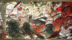 1girl absurdres arm_strap armband bare_shoulders black_armband black_gloves black_horns black_jacket black_pants blonde_hair breasts chess_piece chessboard chest_harness gloves harness high-waist_pants highres holding holding_shield horns jacket jacket_on_shoulders large_breasts long_hair looking_at_viewer mento missing_commentary multiple_views necktie pants red_eyes red_necktie shield shirt shirt_tucked_in white_hair white_shirt wind wuthering_waves zani_(wuthering_waves)