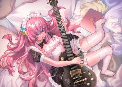 1girl @_@ black_bow black_bowtie black_dress blue_eyes blush bocchi_the_rock! bow bowtie breasts cleavage commentary cube_hair_ornament detached_collar dress english_commentary frills from_above gotoh_hitori guitar hair_between_eyes hair_ornament holding holding_guitar holding_instrument instrument large_breasts long_hair looking_at_viewer lying maid maid_headdress mila_(milaart12) on_back on_bed one_side_up open_mouth pillow pink_hair signature solo thighhighs traditional_bowtie very_long_hair white_thighhighs zettai_ryouiki