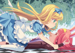 2girls :d alice&#039;s_adventures_in_wonderland alice_(alice_in_wonderland) animal_ears apron back_bow blonde_hair blue_bow blue_dress bow breasts brown_jacket checkered_floor commentary_request cropped_legs dress flat_chest frilled_dress frills girl_on_top green_background green_eyes hair_bow hands_on_another&#039;s_arms jacket kaltoma kneehighs long_hair looking_at_another medium_breasts multiple_girls necktie open_mouth personification pink_eyes pink_hair pink_necktie puffy_short_sleeves puffy_sleeves rabbit_ears rabbit_girl serious shirt short_sleeves smile socks suspenders white_bow white_rabbit_(alice_in_wonderland) white_shirt white_socks yuri