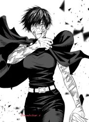 1girl belt breasts burn_scar cape commentary cowboy_shot facial_scar glasses greyscale highres holding holding_sword holding_weapon instagram_username jujutsu_kaisen large_breasts monhshur_r monochrome multiple_scars opaque_glasses partially_opaque_glasses round_eyewear scar scar_on_arm scar_on_cheek scar_on_face scar_on_shoulder shirt short_hair sleeveless sleeveless_shirt solo sword weapon wiping_mouth zen&#039;in_maki