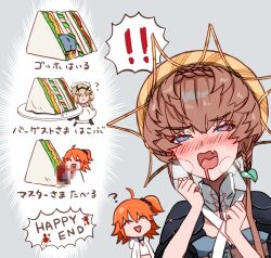 ! !! 3girls ? ahoge apron barghest_(fate) barghest_(swimsuit_archer)_(fate) barghest_(swimsuit_archer)_(second_ascension)_(fate) belt black_scrunchie black_sleeves blonde_hair blood blue_eyes blue_overalls blush braid breasts brown_hair censored check_translation chibi closed_eyes closed_mouth crown_braid drooling english_text fang fate/grand_order fate_(series) fujimaru_ritsuka_(female) fujimaru_ritsuka_(female)_(summer_street) heavy_breathing highres holding holding_tray large_breasts leggings mixed-language_text mosaic_censoring multiple_girls orange_hair orange_headwear overalls puffy_sleeves red_leggings red_pupils sandwiched scrunchie shimogamo_(shimomo_12) short_sleeves side_braid side_ponytail skin_fang small_breasts striped_clothes striped_headwear tongue translation_request tray upper_body van_gogh_(fate) van_gogh_(first_ascension)_(fate) vore
