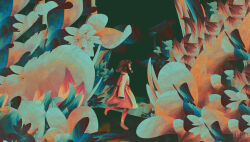 1girl barefoot brown_hair dkaism dress flower from_side full_body green_background highres leaf lotus medium_hair original painterly plant simple_background size_difference surreal walking white_dress