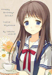 Rule 34 | 00s, 1girl, animal print, blue eyes, blush, brown hair, butterfly print, clannad, collarbone, cup, flower, happy birthday, long hair, miyazawa yukine, nekota chihiro, saucer, school uniform, serafuku, teacup