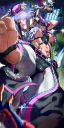 1girl 4boys abs absurdres akuma_(street_fighter) asymmetrical_bangs barefoot black_gloves black_hair blue_eyes bracelet breasts candy chinese_clothes collar commentary diagonal_bangs dudou fingerless_gloves food food_in_mouth foreshortening from_below gloves guile hair_horns han_juri heterochromia highres indoors jewelry leggings lollipop long_hair long_sidelocks luke_sullivan mma_gloves multicolored_hair multiple_boys navel open_mouth ossan_zabi_190 panties_over_leggings purple_eyes purple_gloves purple_hair ryu_(street_fighter) shirt sideboob sidelocks soles spider_tattoo spiked_bracelet spiked_collar spikes standing standing_on_one_leg streaked_hair street_fighter street_fighter_6 tattoo toned toned_female turning_head two-tone_gloves underboob unzipped white_leggings white_shirt zipper_pull_tab