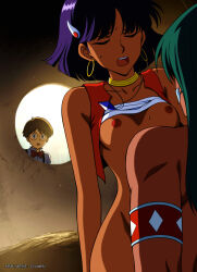Rule 34 | armband, arms at sides, artist name, bandeau, bandeau lift, bare shoulders, blue eyes, blue gemstone, blunt ends, bob cut, bone earrings, bottomless, bow, bowtie, breasts, brown hair, closed eyes, clothes lift, collarbone, collared shirt, commentary, creampie (artist), cropped vest, dark-skinned female, dark-skinned male, dark skin, earrings, floating neckwear, fushigi no umi no nadia, gem, glasses, gold earrings, green hair, groin, hair ornament, hairclip, hama-hama (nadia), highres, hoop earrings, hut, indoors, jean roque lartigue, jewelry, long hair, looking inside, missionary, nadia la arwall, narrow waist, neck ring, necklace, netorare, nipples, open clothes, open mouth, open vest, peeking, pendant, purple hair, raised eyebrows, red armband, red bow, red bowtie, red vest, round eyewear, sex, shirt, short hair, small breasts, strapless, surprised, suspenders, sweat, teeth, tube top, tube top lift, upper teeth only, vest, voyeurism, white bandeau, white shirt, white trim, white tube top, wide hips, window