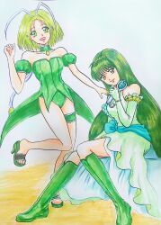 2girls dress green_dress green_footwear green_hair green_leotard highres leotard mermaid_melody_pichi_pichi_pitch mew_lettuce midorikawa_lettuce multiple_girls tokyo_mew_mew touin_rina