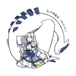 1girl armor artist_name bag belt black_hairband blue_dress blue_eyes breastplate commission cowboy_shot creatures_(company) dashen_ya_heng dated dress english_text female_focus flat_color game_freak gen_2_pokemon hair_between_eyes hair_tie hairband highres japanese_text legendary_pokemon long_hair long_sleeves looking_to_the_side low-tied_long_hair lugia mixed-language_text nintendo original parted_lips pokemon pokemon_(creature) round_image shoulder_armor shoulder_bag sidelocks signature simple_background sleeves_past_wrists standing teeth white_background white_hair