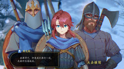 1girl 2boys armor axe beard blue_eyes blue_scarf facial_hair gauntlets gongxiao_zao helmet long_hair multiple_boys open_mouth original outdoors polearm red_hair scarf shield spear viking warrior weapon
