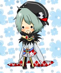 Rule 34 | 1boy, argyle cape, argyle clothes, argyle shirt, black hat, black pants, blue background, blush, cape, checkered clothes, checkered pants, chibi, chibi only, closed mouth, commentary request, detached sleeves, floral background, full body, fur collar, green hair, grey cape, grey shirt, grey sleeves, hat, hat ornament, looking at viewer, male focus, meiko (nattu303), newsboy cap, pants, ragnarok online, shirt, short hair, skull hat ornament, smile, solid circle eyes, solo, sorcerer (ragnarok online), standing, tearing up, waist cape, wide sleeves