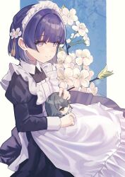 1girl absurdres apron black_dress blush character_doll doll dress floral_background flower gakuen_idolmaster grey_hair hair_flower hair_ornament hataya_misuzu highres idolmaster juliet_sleeves long_sleeves maid maid_apron maid_headdress mole mole_under_mouth puffy_sleeves purple_eyes purple_hair ricke_2002 smile solo tassel tsukimura_temari white_apron white_flower