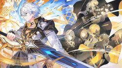 3boys 6+girls aglaea_(honkai:_star_rail) anaxa_(honkai:_star_rail) antenna_hair armor black_choker black_pants black_shirt blue_eyes castorice_(honkai:_star_rail) choker cipher_(honkai:_star_rail) coat commentary from_side highres holding holding_sword holding_weapon honkai:_star_rail honkai_(series) hyacine_(honkai:_star_rail) multiple_boys multiple_girls mydei_(honkai:_star_rail) neck_tattoo pants pauldrons phainon_(honkai:_star_rail) ppot profile shirt short_hair shoulder_armor silhouette single_pauldron sun_symbol sun_tattoo sword tan tattoo trianne_(honkai:_star_rail) tribbie_(honkai:_star_rail) trinnon_(honkai:_star_rail) weapon white_coat white_hair