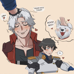 1boy 1girl armor artist_name black_gloves black_hair black_shirt blush closed_eyes coat dante_(devil_may_cry) devil_may_cry_(netflix) devil_may_cry_(series) dog fingerless_gloves gloves headpat heart heterochromia highres jumpoon lady_(devil_may_cry) red_coat shirt simple_background smile speech_bubble sweatdrop thought_bubble white_hair
