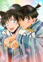 1boy 1girl artist_name black_hair blue_eyes blue_kimono blush couple fireworks hair_ornament highres hug hug_from_behind japanese_clothes kimono kudou_shin&#039;ichi looking_at_viewer meitantei_conan mouri_ran one_eye_closed open_mouth paseri_(l7dgtxtsnlmfwlb) white_kimono