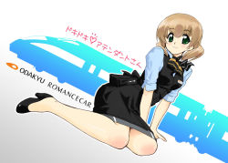 Rule 34 | 00s, 1girl, brown hair, female focus, flight attendant, green eyes, high-speed train, high heels, light brown hair, odakyu electric railway, odakyu restaurant system, scarf, shibusawa asagi, short hair, sitting, smile, solo, tessai, tetsudou musume, train, train attendant, travel attendant, uniform, yokozuwari