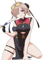 1girl black_dress blonde_hair buncho_salmon china_dress chinese_clothes clothing_cutout dress eyewear_on_head fingerless_gloves gloves hair_over_one_eye hand_fan highres holding holding_fan looking_at_viewer orange-tinted_eyewear single_fingerless_glove smile sweety_(zenless_zone_zero) thigh_strap tinted_eyewear tuanshan underboob_cutout white_background yellow-tinted_eyewear zenless_zone_zero