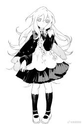 1girl black_socks bow dress full_body highres long_hair monochrome original socks solo standing weibo_5125084832